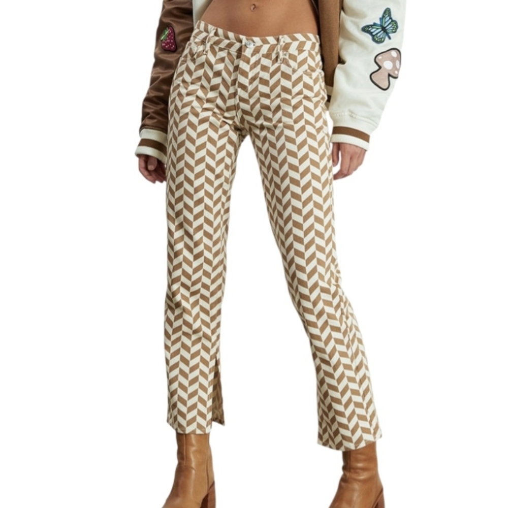 NEW PacSun Brown Chevron Print Low Rise Straight Leg Split Hem Jeans Size 24
